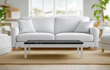 modern living room featuring light grey sofa with black marble coffee table, creating cozy and inviting atmosphere