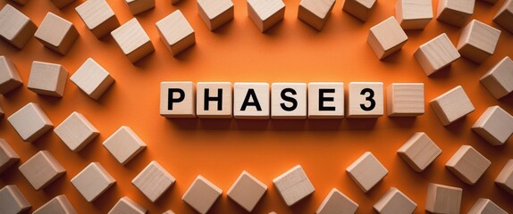 Time for Phase 3. A cube has been rotated, changing 'Phase 2' to 'Phase 3'. Stunning orange backdrop. Business concept. Space for text.