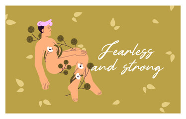 Naked woman with short hair is wrapped with flowers on card design. Happy nude girl with leaves on template of postcard. Sensuality, self love, care, inner harmony concept. Flat vector illustration.