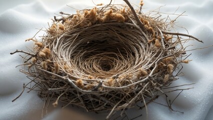 Real empty bird nest on a white backdrop.