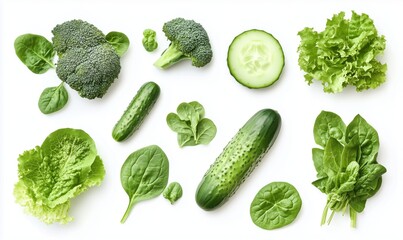 Fresh green vegetables assortment including broccoli, cucumber, lettuce, and spinach