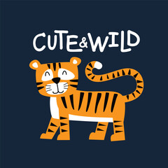 Childish tiger cute and wild vector Illustration for kindergarten background, kids poster decoration, t-shirts, tee print, book cover, apparel and others