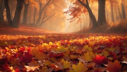 Red and yellow autumn leaves create a natural background featuring trees in an autumnal landscape.