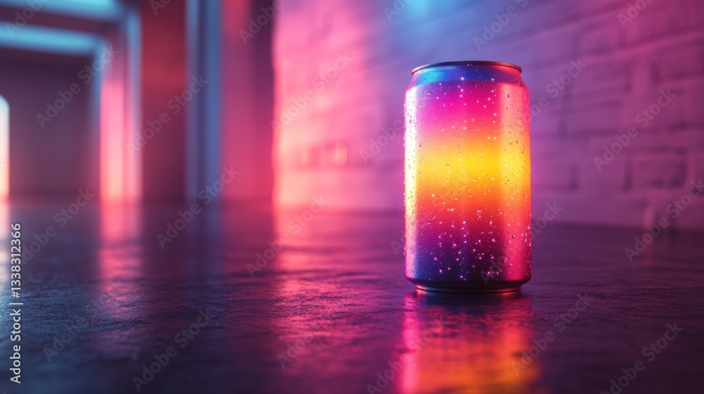 Poster a brightly colored can stands against a backdrop of glowing lights in an urban environment, showcasi
