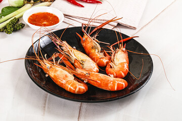Boiled tiger prawn with sauce