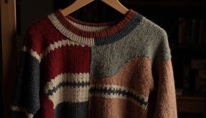 Upcycling Craft for Sustainable Fashion Creations Concept. Cozy Vintage Sweater in Warm Tones Hanging Against Dark Background
