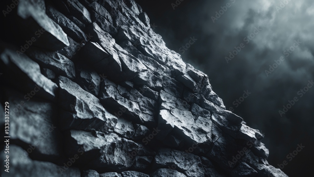 Poster rock texture. monochrome background. dark wall. stone surface. rough mineral structure.