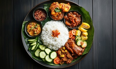 Delicious traditional Malaysian meal featuring rice, chicken, beef, and assorted vegetables