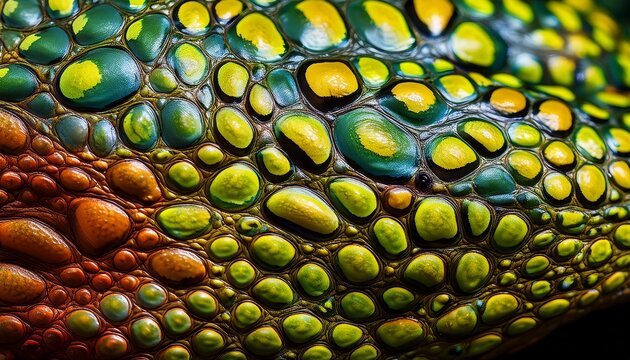 Macro close-up of frog skin showing detailed texture and vibrant colors. High-resolution, perfect for biology, nature, and wildlife design projects.