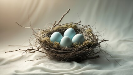 Obraz premium Blackbird eggs nestled in a nest, isolated on a white background. Space available for your text or design.