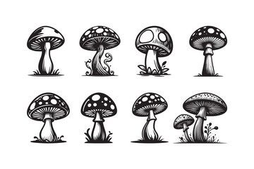 Set of cartoon style Mushroom Silhouette icon, logo, , isolated on a white background