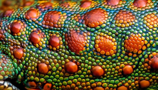 Macro close-up of frog skin showing detailed texture and vibrant colors. High-resolution, perfect for biology, nature, and wildlife design projects.