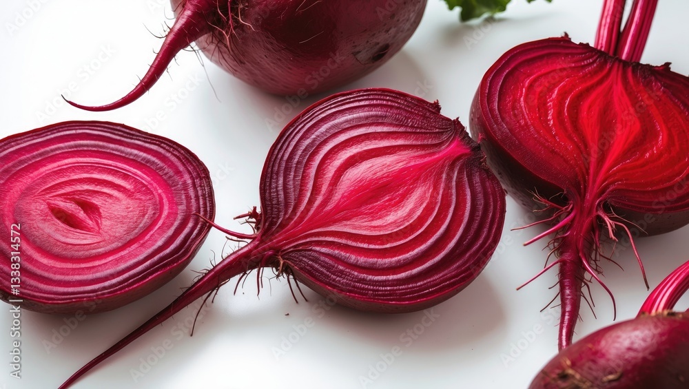 Poster red beetroot slices separated on a white background.