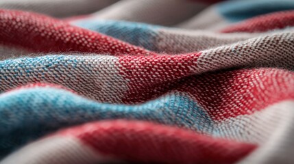 Upcycling Craft for Sustainable Fashion Creations Concept. Close-up of Soft Textile Featuring Red and Blue Checks in Warm and Cozy Fabric Pattern