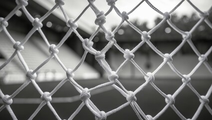 Closeup black and white image of sports netting from a goal.