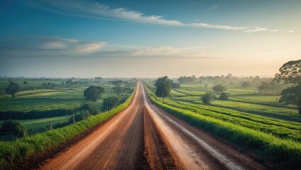 Obraz premium dirt road on rural land next to plantations