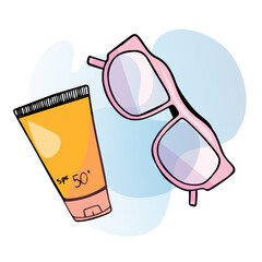 Hand drawn color illustration of summer sunscreen and summer glasses
