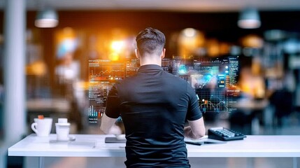 Focused worker in modern office setting with augmented reality interface