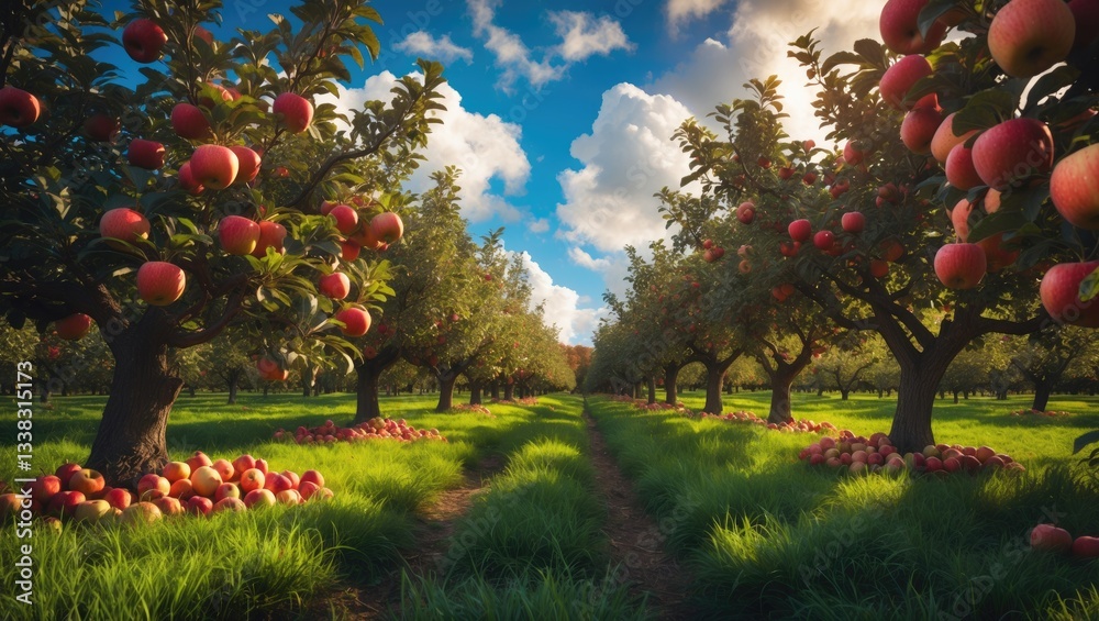 Aufkleber apple orchard featuring red ripe apples on branches. two rows of apple trees laden with fruit under 