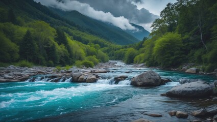 Rapid mountain river flowing swiftly through summer forest