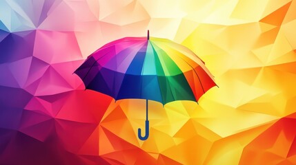 Vibrant Rainbow Umbrella Against a Geometric Polygonal Background  A Colorful Abstract Image