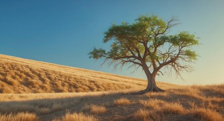 Fototapeta premium Lone distressed tree in a dry field during a drought from climate change captured on a rural hillside covered with parched grasslands in the Preserve.