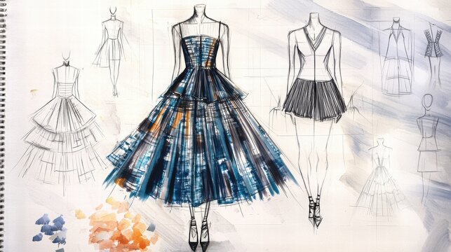 Fashion Design Sketches with Colorful Dress Illustrations and Patterns