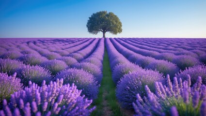 Obraz premium A lavender field extending to the horizon beneath a clear blue sky. The purple flowers form a colorful sea, showcasing the global popularity and charm of lavender.