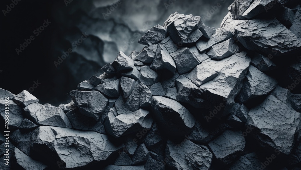 Poster rock texture. black and white backdrop. dark wall. stone surface. rough mineral structure.