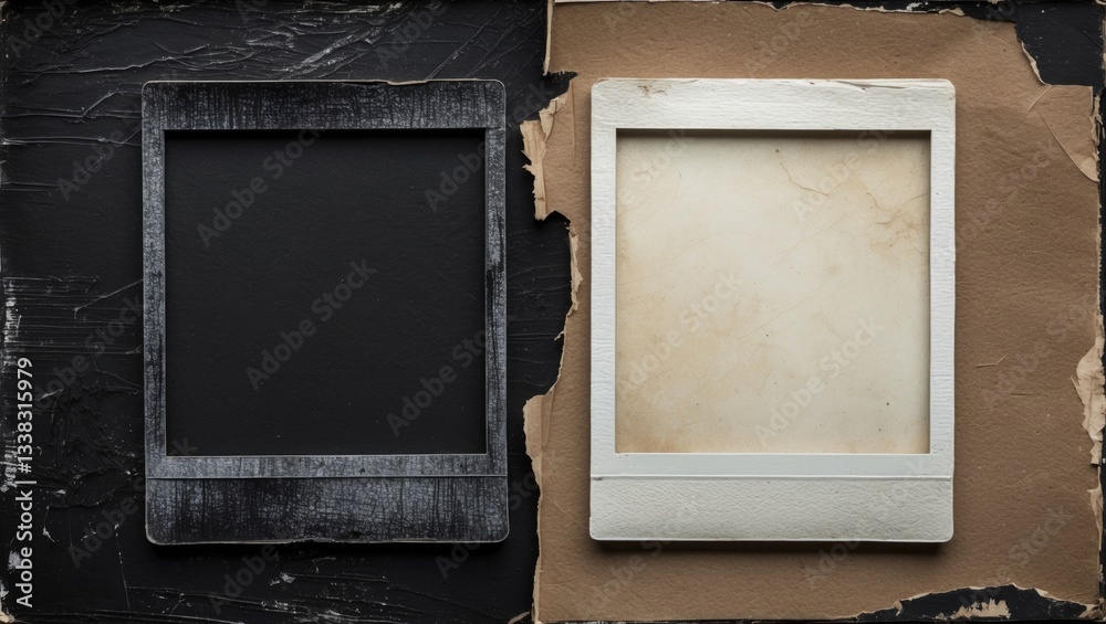 Aufkleber old black blank aged vintage retro damaged paper cardboard photo frame. empty front and back side. r