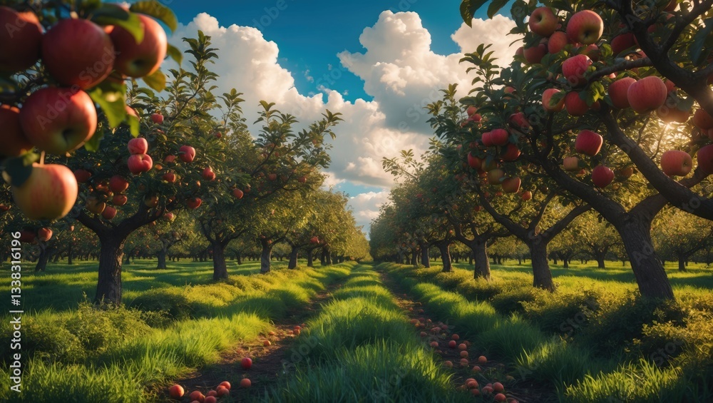 Aufkleber apple orchard featuring red ripe apples on branches. two rows of apple trees brimming with fruit und