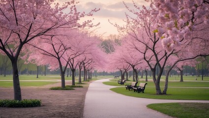 Different varieties of pink cherry flower branches outdoors in a horizontal park background.