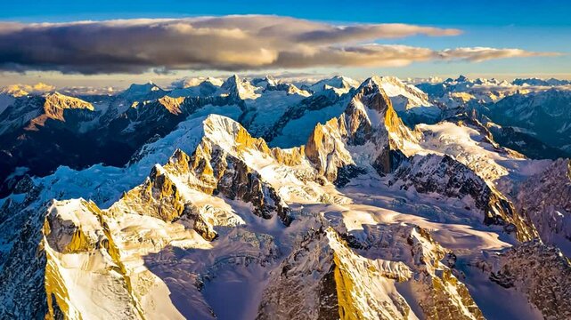 Aerial view of snow capped mountains, backward flying drone shot