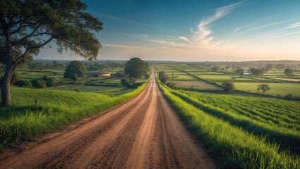 Obraz premium Dirt road through rural properties adjacent to plantations.