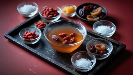 Bird's nest soup served in a glass bowl on a wooden tray.