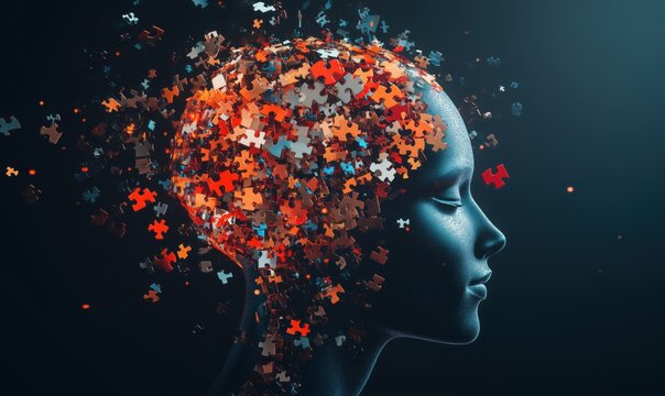 Abstract representation of human mind with puzzle pieces symbolizing thoughts and ideas