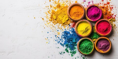 Colorful Holi Powders: A vibrant, high-angle shot captures a kaleidoscope of colorful powder in wooden bowls, splattered and scattered across the surface.