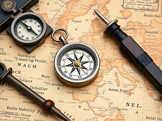 Vintage Compasses, Pencil, and Map for Exploration, Travel, and Navigation.