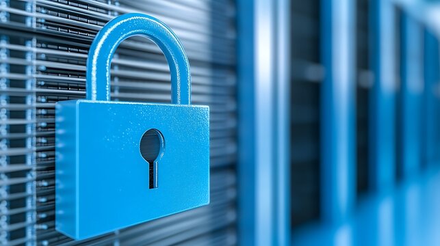 Blue Padlock on Server Background for Data Security and Cybersecurity Concept in Technology Environment