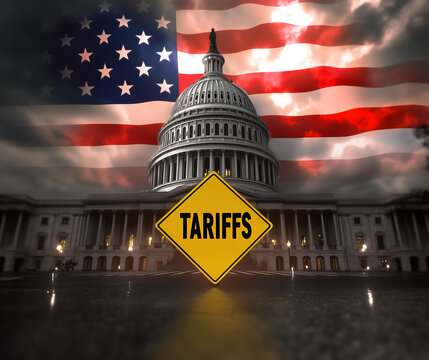 U.S. Capitol building with American flag and tariffs warning sign, American foreign policy