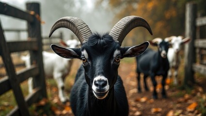Black goat in the pasture gazing directly at the camera. Portrait of an adorable young black goat.
