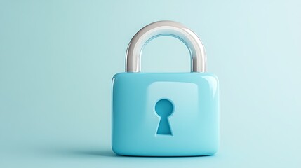 Blue padlock with shiny silver shackle on a soft pastel blue background for security and protection concepts