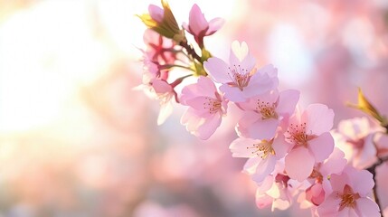 Obraz premium Cherry Blossom Serenity: Delicate cherry blossom branch in full bloom, kissed by sunlight, casting a soft, ethereal glow, embodying the ephemeral beauty of springtime.