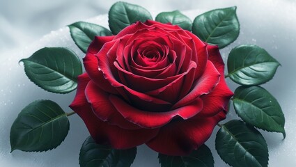Beautiful red rose flower with green leaves set against a white background, close-up. Detailed retouching.