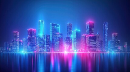 Fototapeta premium Futuristic neon city skyline glowing in vibrant blue and pink lights