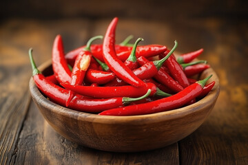 Fresh red chili peppers in a rustic wooden bowl