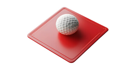 Golf ball placed on red tee and square base isolated on transparent background for sports and golfing designs