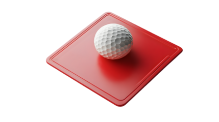 Golf ball placed on red tee and square base isolated on transparent background for sports and golfing designs