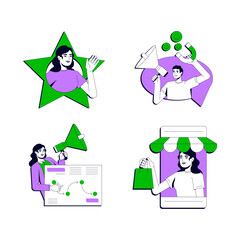 Advertising strategy vector illustration concept set. Online commerce, business. Retail, market. Lead generation, customers. Stylized cartoon characters isolated on white. Flat 2D line art pack