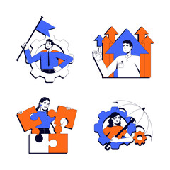 Fototapeta premium Personal development vector illustration concept set. Career growth. Problem solving, puzzle. Risk management, control. Stylized cartoon characters isolated on white. Flat 2D line art pack